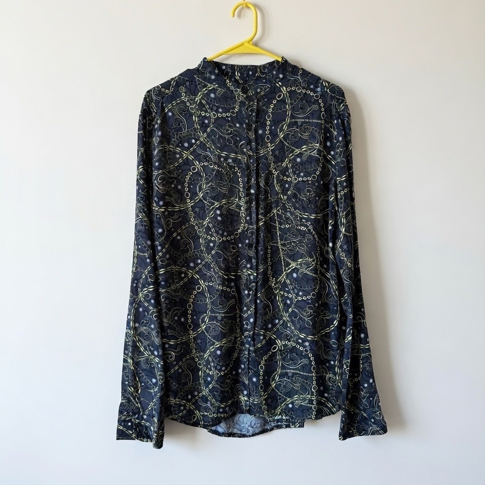 LIVE 978 Made in Italy Chain Print Viscose Band Collar Shirt Black Gold XXL